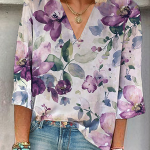 Women Floral Three Quarter Sleeve Blouse Spring/Fall V Neck Daily Casual Top, JustFashionNow Blouses, color:Purple|size:XXL,