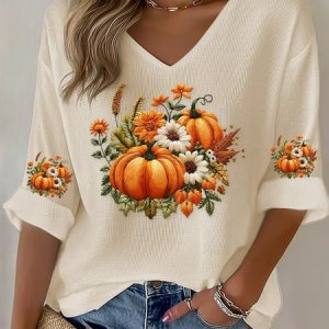Halloween Pumpkin Floral Art Print V Neck 3/4 Length Sleeve T-shirt, Sweaters, color:Apricot|size:XL, catalog Noracora shop