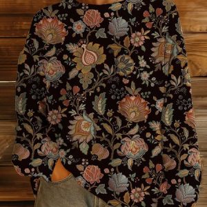 Vintage Floral Crew Neck Long Sleeve T-shirt, Sweaters, color:Black|size:3XL, catalog Noracora shop