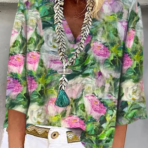 Women Floral Three Quarter Sleeve Blouse Spring/Fall Printing V Neck Daily Casual Top, JustFashionNow Blouses, color:Green|size:4XL,
