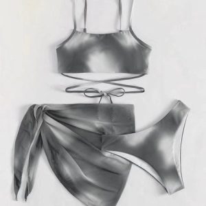 Tie-dye Bikini Swimsuit Women's Gradient Color Mesh Skirt Split Bikini Swimsuit Three-piece Set, JustFashionNow swimwear>>3 Piece Bikini Sets, color:Gray|size:XL,
