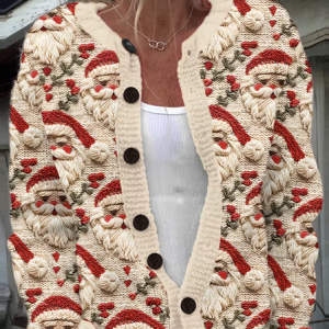 Women Santa Claus Printing Long Sleeve Crew Neck Vintage Spring/Fall Cardigan Outerwear, JustFashionNow Cardigans, color:Apricot|size:5XL,