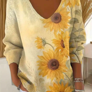 Women Floral Long Sleeve Tee T-shirt V Neck Printing Casual Spring/Fall Top, JustFashionNow T-Shirts, color:Yellow|size:4XL