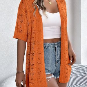 Women Lace Summer Cover-up Vintage Hollow Out Lightweight Cardigan, JustFashionNow Cardigans, color:Orange|size:XL,