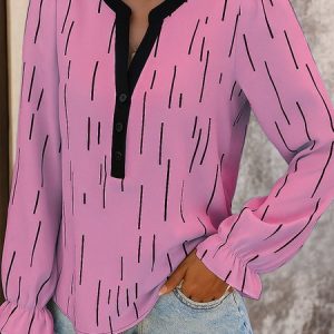 Casual Striped V Neck Long Sleeve T-shirt, T-shirts, color:Peach|size:3XL, catalog Noracora shop