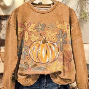 Women's Vintage Halloween Pumpkin Flowers Print Casual Crew Neck Sweatshirt, Hoodies & Sweatshirts, color:Yellow|size:5XL, catalog Noracora shop