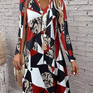 Women Geometric Spring/Fall Dress V Neck Long Sleeve A-Line Dress, Dresses, color:Color5|size:5XL, catalog Noracora shop