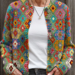 Women Abstract Printing Long Sleeve Crew Neck Vintage Spring/Fall Cardigan Outerwear, JustFashionNow Cardigans, color:Green|size:5XL,