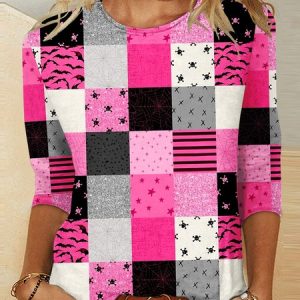 Vintage Geometric Crew Neck Long Sleeve T-shirt, T-shirts, color:Pink|size:4XL, catalog Noracora shop