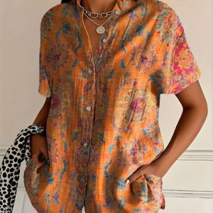 Shirt Collar Short Sleeve Floral Regular Micro-Elasticity Regular Fit Shirt For Women, Shirts, color:Orange|size:5XL, catalog Noracora shop