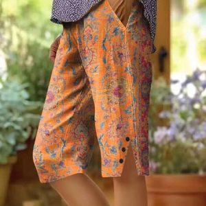 Women Floral Fifth Pants Pants Casual Summer Trousers, Pants, color:Orange|size:4XL, catalog Noracora shop