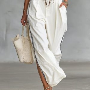 Casual Color Block Side-Slit Wide Leg Pants, Pants, color:White|size:XXL, Stylewe