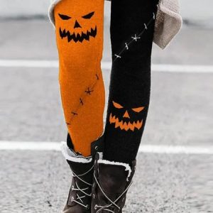 Women Halloween Vintage All Season Soft Comfy Long Leggings, Leggings, color:Black-Orange|size:5XL, catalog Noracora shop
