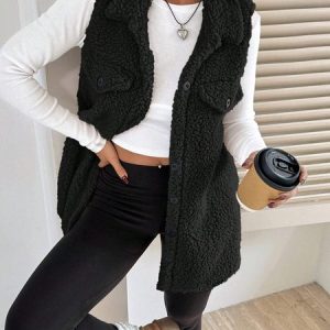Women's Autumn And Winter Lapel Buttoned Plush Vest Jacket Loose Temperament Commuting Imitation Lambskin, Vest, color:Black|size:XL, catalog Noracora shop