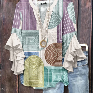 Women Abstract Half Sleeve Shirt Summer Printing V Neck Daily Casual Top, JustFashionNow Shirts, color:As Picture|size:5XL,