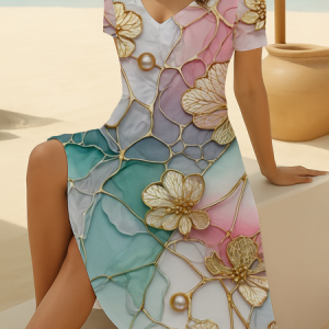 Women Floral Short Sleeve Summer Printing Dress V Neck Daily Casual Midi Fit & Flare Dress A-Line Dress, JustFashionNow Casual Dresses, color:As Picture|size:4XL,