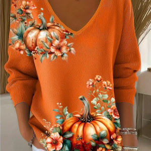 Casual Floral V Neck Long Sleeve T-shirt, Hoodies & Sweatshirts, color:Orange|size:4XL, catalog Noracora shop