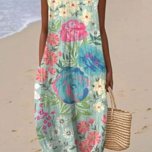 Women Floral Summer Dress Crew Neck Sleeveless A-Line Dress, Dresses, color:Aqua|size:4XL, catalog Noracora shop