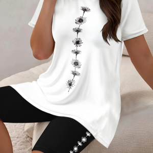 Women Floral Printing Two-Piece Set Daily Short Sleeve Casual Summer Top With Pants Matching Set, JustFashionNow Suit Set, color:Black-white|size:XXL,