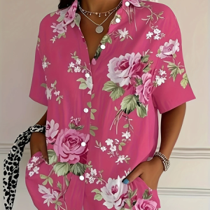 Women Floral Short Sleeve Shirt Summer Printing Shirt Collar Daily Casual Top, JustFashionNow Shirts, color:Pink|size:5XL
