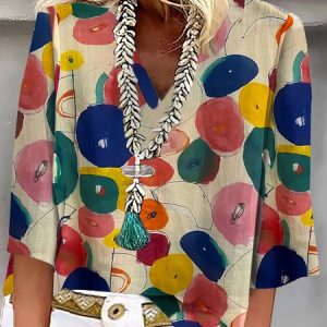 Women Abstract Three Quarter Sleeve Blouse Spring/Fall Printing V Neck Daily Casual Top, JustFashionNow Blouses, color:As Picture|size:4XL,