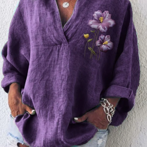 Women Floral Long Sleeve Shirt Spring/Fall Printing Shawl Collar Daily Casual Top, JustFashionNow Shirts, color:Purple|size:5XL,