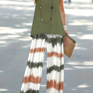 Women Abstract Printing Two-Piece Set Daily Sleeveless Casual Summer Multi-Piece Set Matching Set, JustFashionNow Suit Set, color:darkgreen|size:XXL,