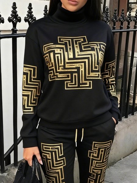 Casual Geometric Printing Turtleneck Sweatshirt, Hoodies and Sweatshirts, color:Black|size:XXL, Stylewe