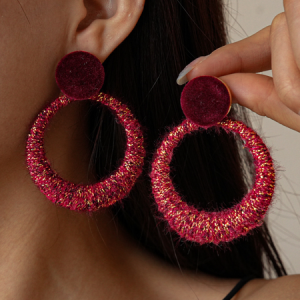 Winter wool flocking hollow round steel needle earrings, Earrings, color:Red|size:One-size, Stylewe