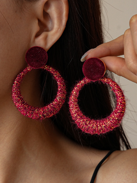 Winter wool flocking hollow round steel needle earrings, Earrings, color:Red|size:One-size, Stylewe