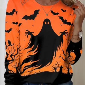 Women Halloween Long Sleeve Tee T-shirt Crew Neck Printing Casual Spring/Fall Graphic Tee Top, JustFashionNow T-Shirts, color:Orange|size:XXL,