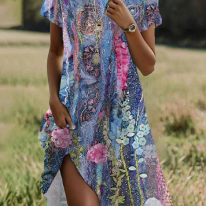 Women Floral Short Sleeve Summer Printing Dress Crew Neck Daily Casual Mini Tunic H-Line Dress, JustFashionNow Casual Dresses, color:Purple|size:XXL,