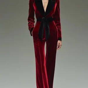 Urban Split Joint Color Block Shawl Collar Jumpsuit With Belt, Jumpsuits, color:Wine Red|size:XXL, Stylewe
