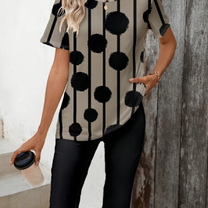 Women Polka Dots Printing Two-Piece Set Daily Short Sleeve Casual Summer Top With Pants Matching Set, JustFashionNow Suit Set, color:Black|size:XXL,