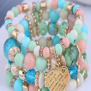 Best-selling Bohemian Alloy Love Pendant Multi-layer Elastic Rope Beaded Bracelet, JustFashionNow Bracelets, color:Green|size:One-size,