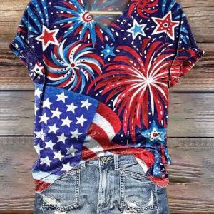 Casual America Flag V Neck Short Sleeve T-shirt, T-shirts, color:Deep Blue|size:5XL, catalog Noracora shop