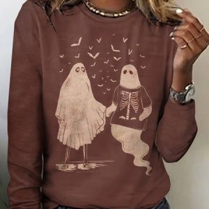 Vintage Halloween Crew Neck Long Sleeve T-shirt, T-shirts, color:Brown|size:4XL, catalog Noracora shop