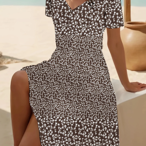 Women Floral Short Sleeve Summer Printing Dress V Neck Daily Casual Midi Fit & Flare Dress A-Line Dress, JustFashionNow Casual Dresses, color:Brown|size:4XL,