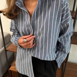 Women Striped Long Sleeve Shirt Spring/Fall Polo Collar Daily Casual Top, JustFashionNow Blouses, color:Gray|size:XL,