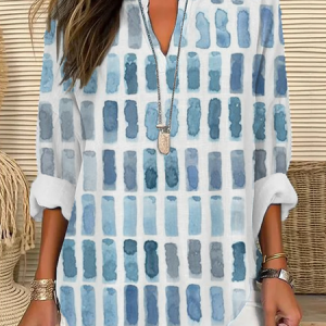 V Neck Long Sleeve Geometric Printing Regular Loose Blouse For Women, Blouses, color:Blue|size:5XL, catalog Noracora shop