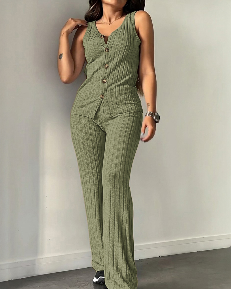 2 Pieces Outfit V-Neck Sleeveless Button Front Vest Top and Elastic Waist Slightly Flared Pants Set Casual Ribbed Brushed Loungewear, women Two-piece Sets, ChicMe catalog - Image 4