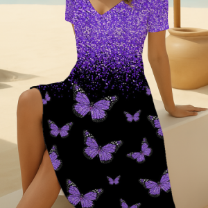 Women Butterfly Short Sleeve Summer Printing Dress V Neck Daily Casual Midi Fit & Flare Dress A-Line Dress, JustFashionNow Casual Dresses, color:Black-purple|size:4XL,