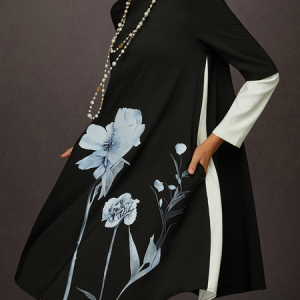Urban Floral Printing Crew Neck Knee Length Dress, Midi Dresses, color:Black|size:XXL, Stylewe
