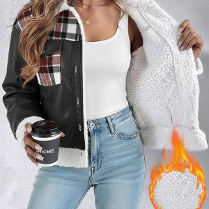 PU Leather Plaid Print Spliced Turn-down Collar Button Front Thermal Lined Jacket Casual Faux Shearling Trim Flap Pockets Design Crop Warm Coat, women Jackets & Coats, ChicMe catalog