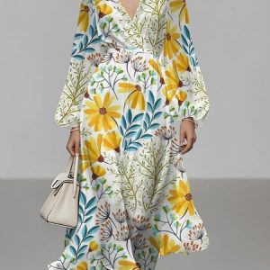 Women Floral Puff Sleeve Spring/Fall Dress V Neck Long Sleeve A-Line Dress, Dresses, color:Yellow|size:4XL, catalog Noracora shop