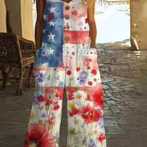 Women Floral Crew Neck Sleeveless Casual Summer Cotton Jumpsuit, Jumpsuits&Rompers, color:As Picture|size:4XL, catalog Noracora shop