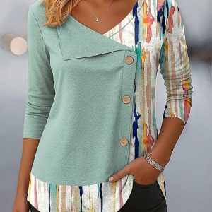 Casual Colorblock V Neck Long Sleeve T-shirt, T-shirts, color:Light Blue|size:4XL, catalog Noracora shop