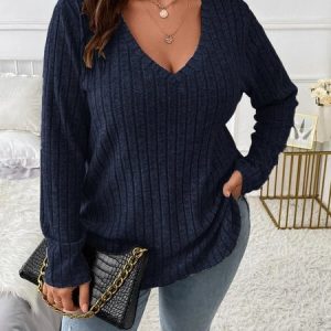 Plain Sexy Loose V Neck Long-sleeved Ribbed Loose T-shirt, JustFashionNow T-Shirts, color:Deep Blue|size:4X,