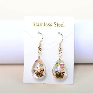 Butterfly Time Gem Dried Flower Gypsophila Lace Flower Pastoral Style Glass Earrings, Earring, color:Camouflage|size:One-size, catalog Noracora shop