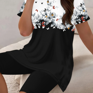 Women Floral Printing Two-Piece Set Daily Short Sleeve Casual Summer Top With Pants Matching Set, JustFashionNow Suit Set, color:Black|size:XXL,